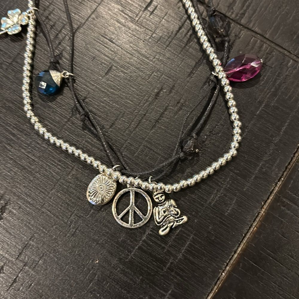 Lucky Peace Charm Chakra Silver Black Leather Adjustable Beaded Necklace​